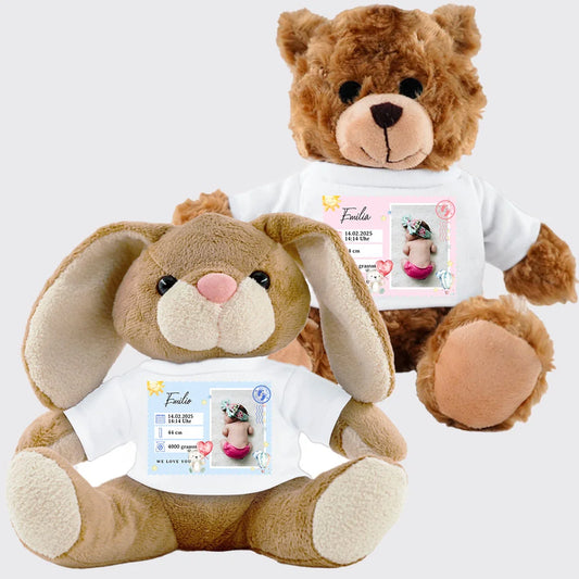 Teddy oder Hase mit Babyfoto & Geburtsdaten (ca. 20cm)